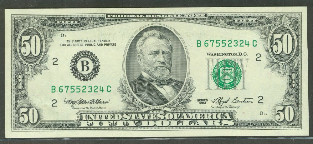 Fr.2125-B, 1993 $50 New York FRN, B-C Block, Gem.CU